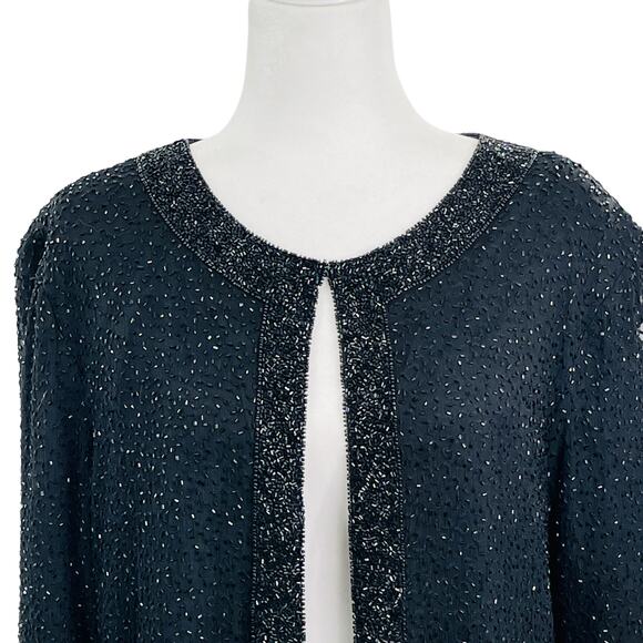 Vintage Black 100% Silk Beaded Collarless Long Sleeves Lined Jacket Size M/L - Picture 4 of 12